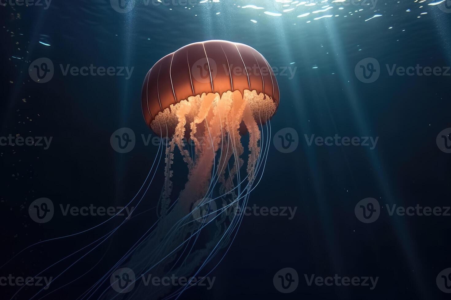 Realistic jellyfish in the depths of the ocean with lightbeams from above created with technology. photo