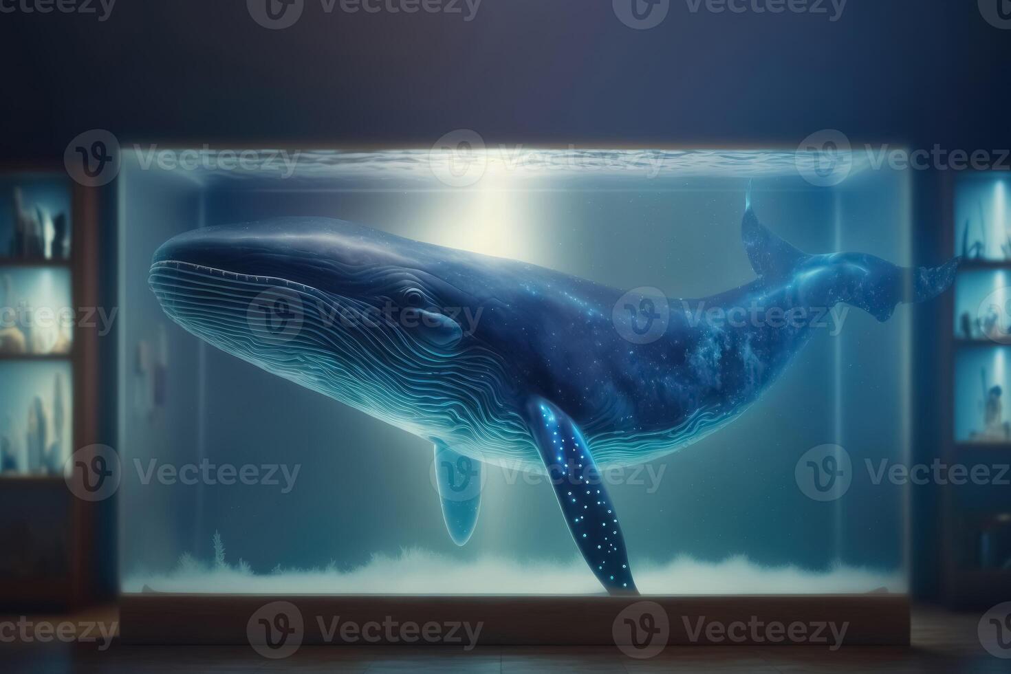 un forma de un azul ballena flotadores como un holograma en un laboratorio creado con generativo ai tecnología. foto