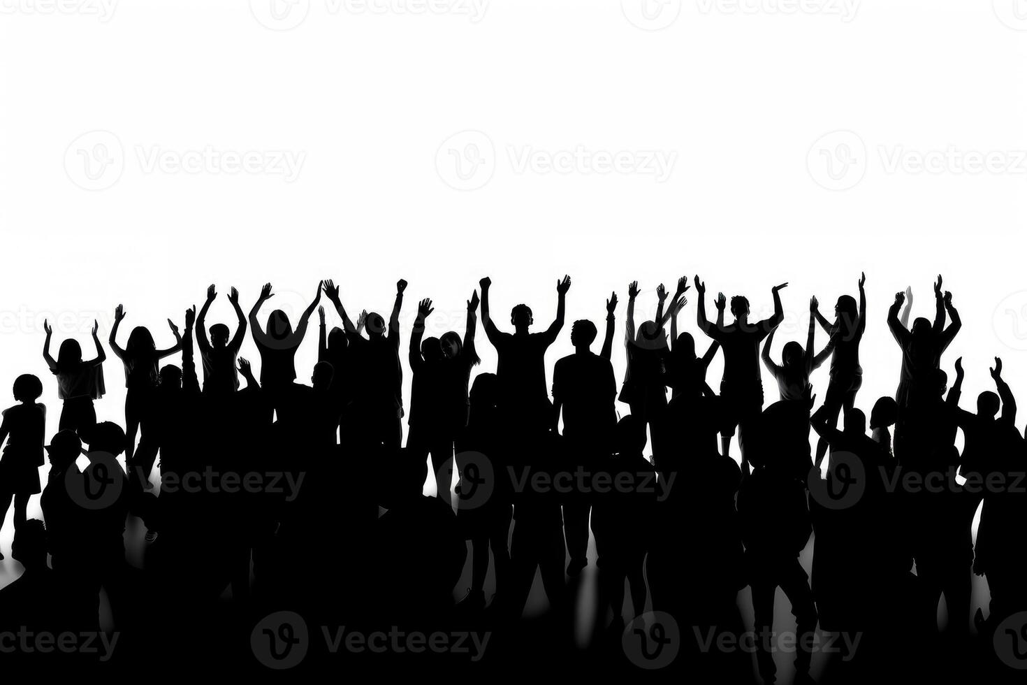 Black silhouette of a huge crowd of cheering people isolated on a white background created with technology. photo