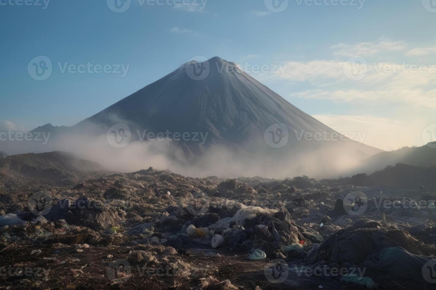A large volcano and a huge amount of plastic waste on the landscape