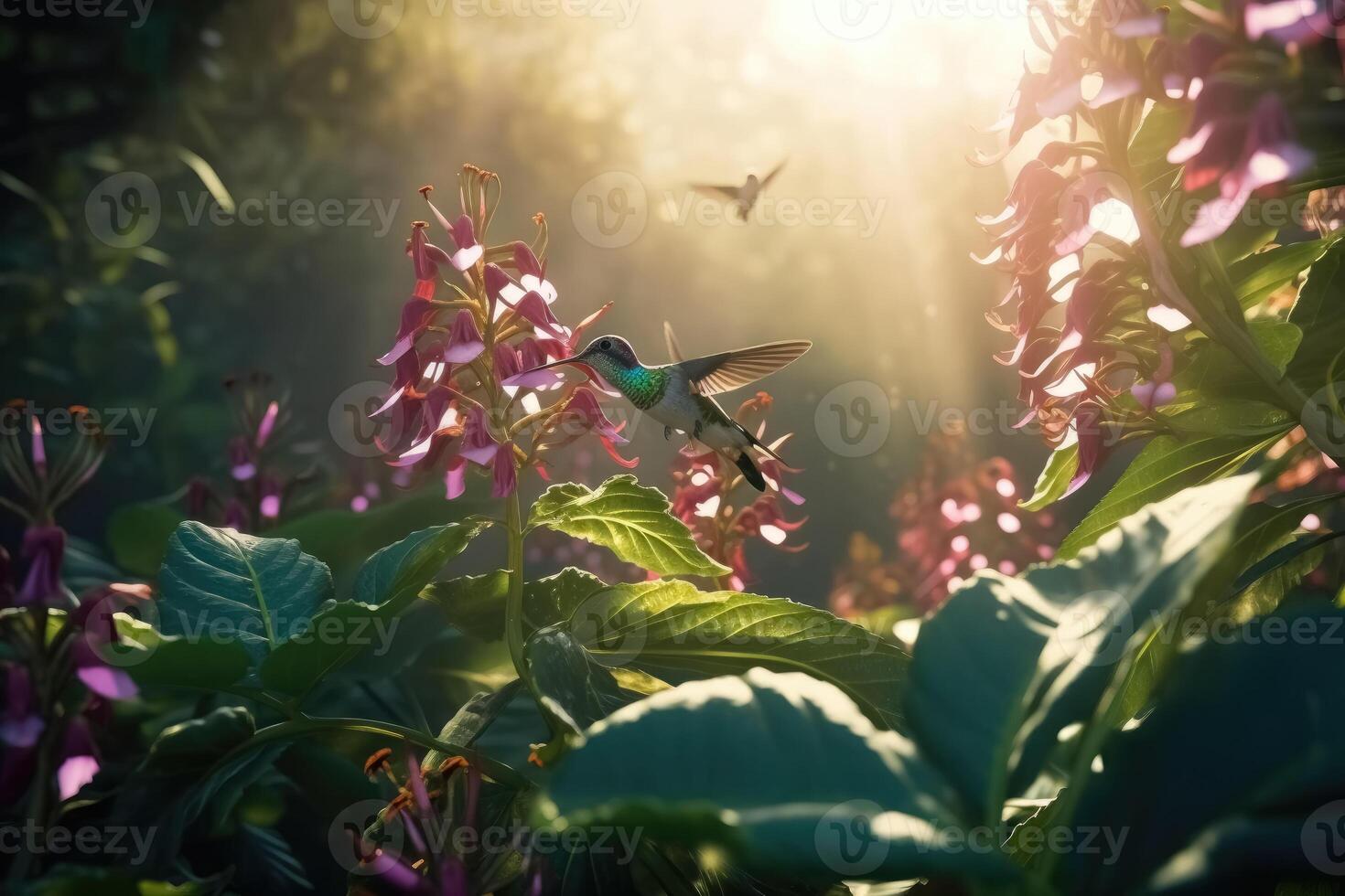 Several hummingbirds buzzing around flowers in a jungle created with technology. photo