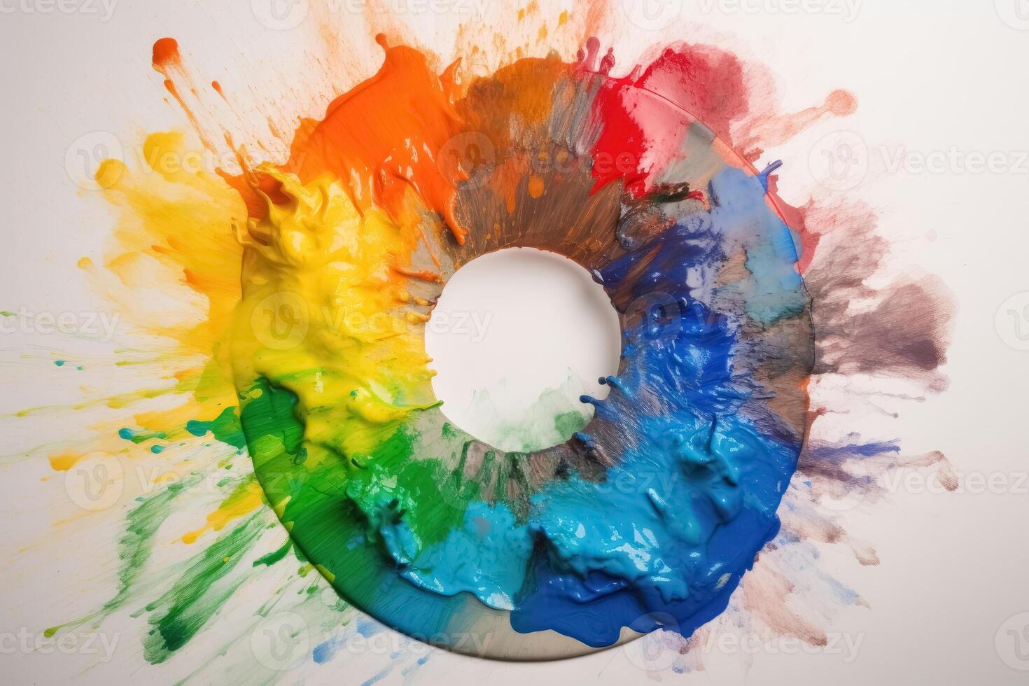 A color Wheel with goethe colors exploding in colorful powder on a light background created with technology. photo