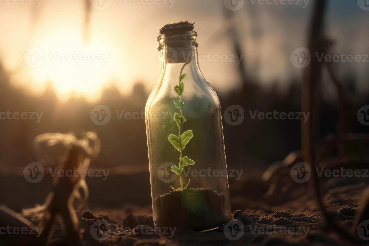 A single green seedling in a glass bottle on an apocalyptic dry ground created with technology. photo