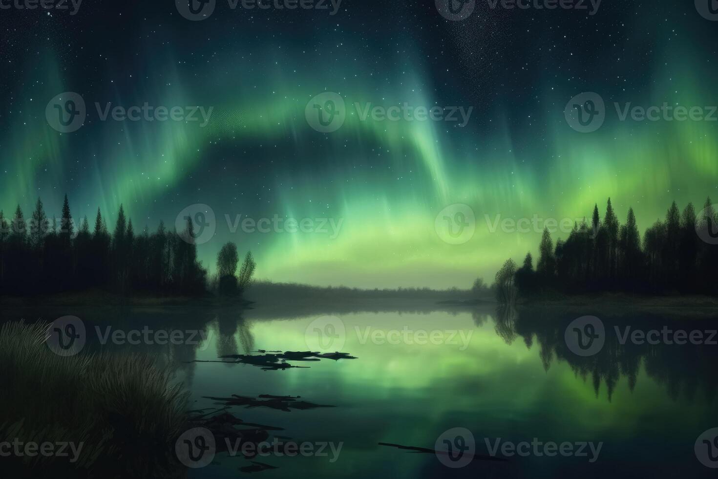 Auroras in green colour and stars over a lake with reflections of the sky created with technology. photo