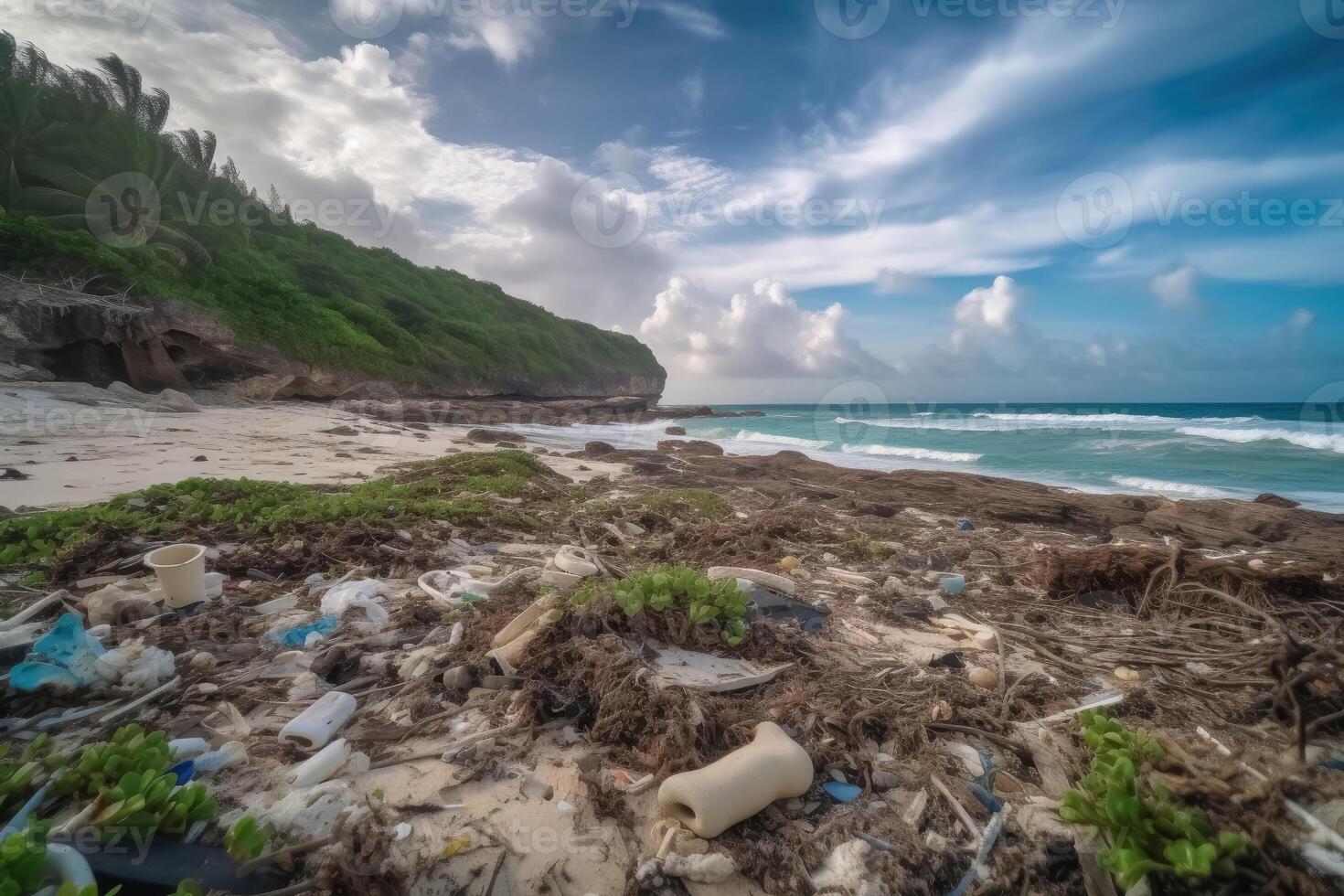 A lot of plastic waste on a tropical dream beach created with technology. photo