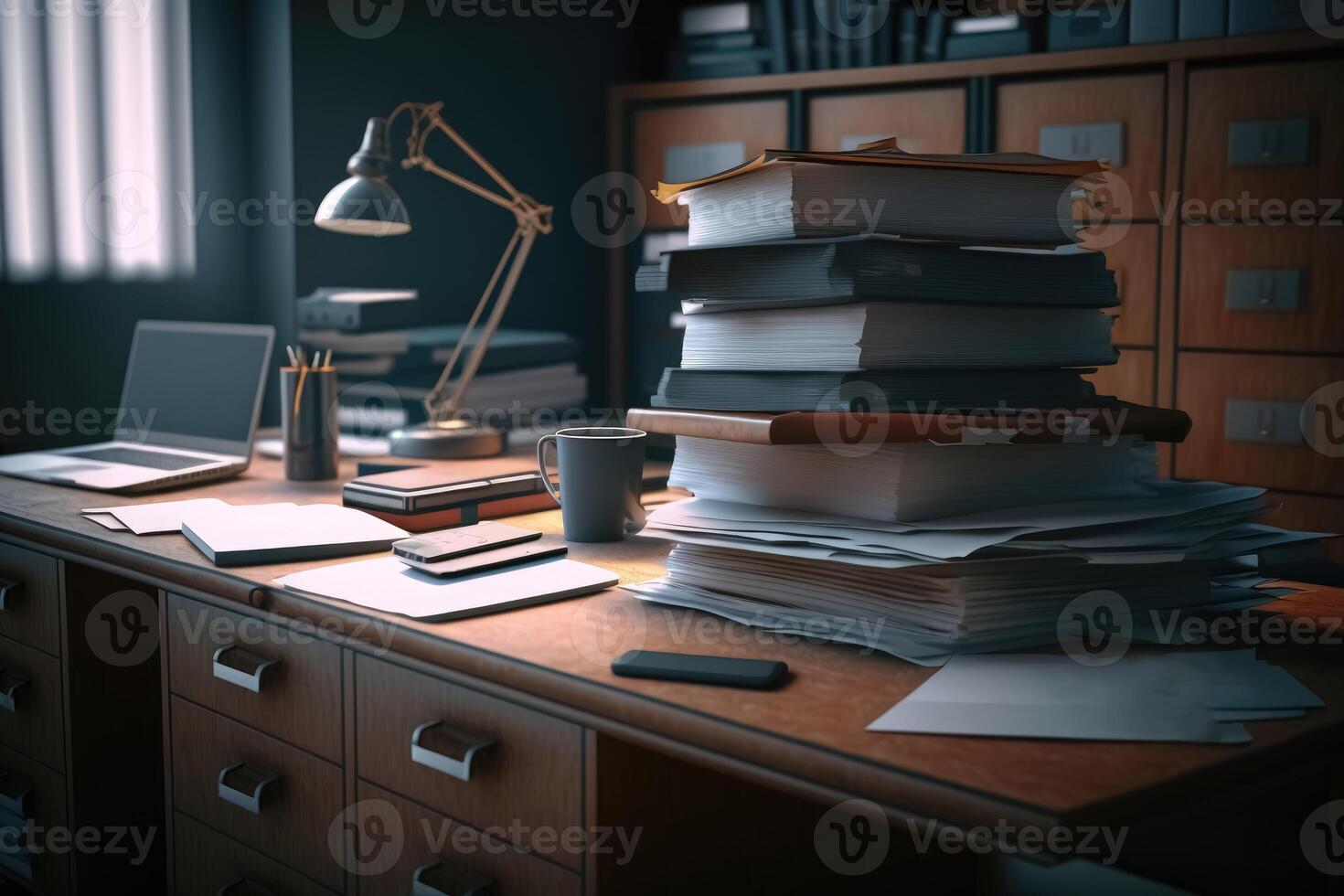 A desk with huge piles of files on it created with technology. photo