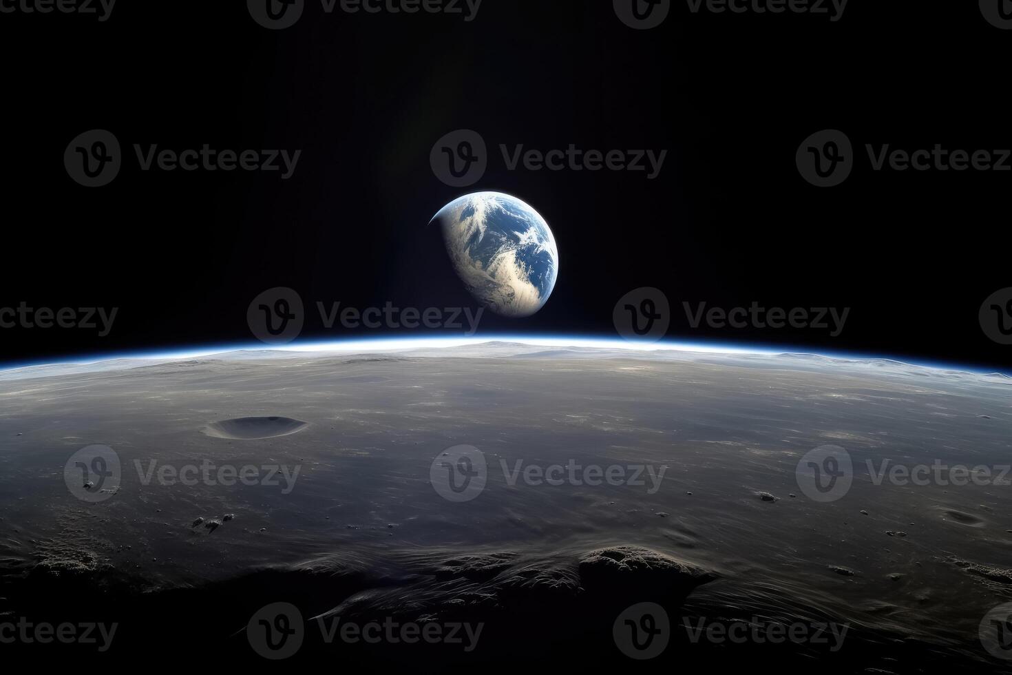 The rising sun above the earth as seen from the moon created with technology. photo