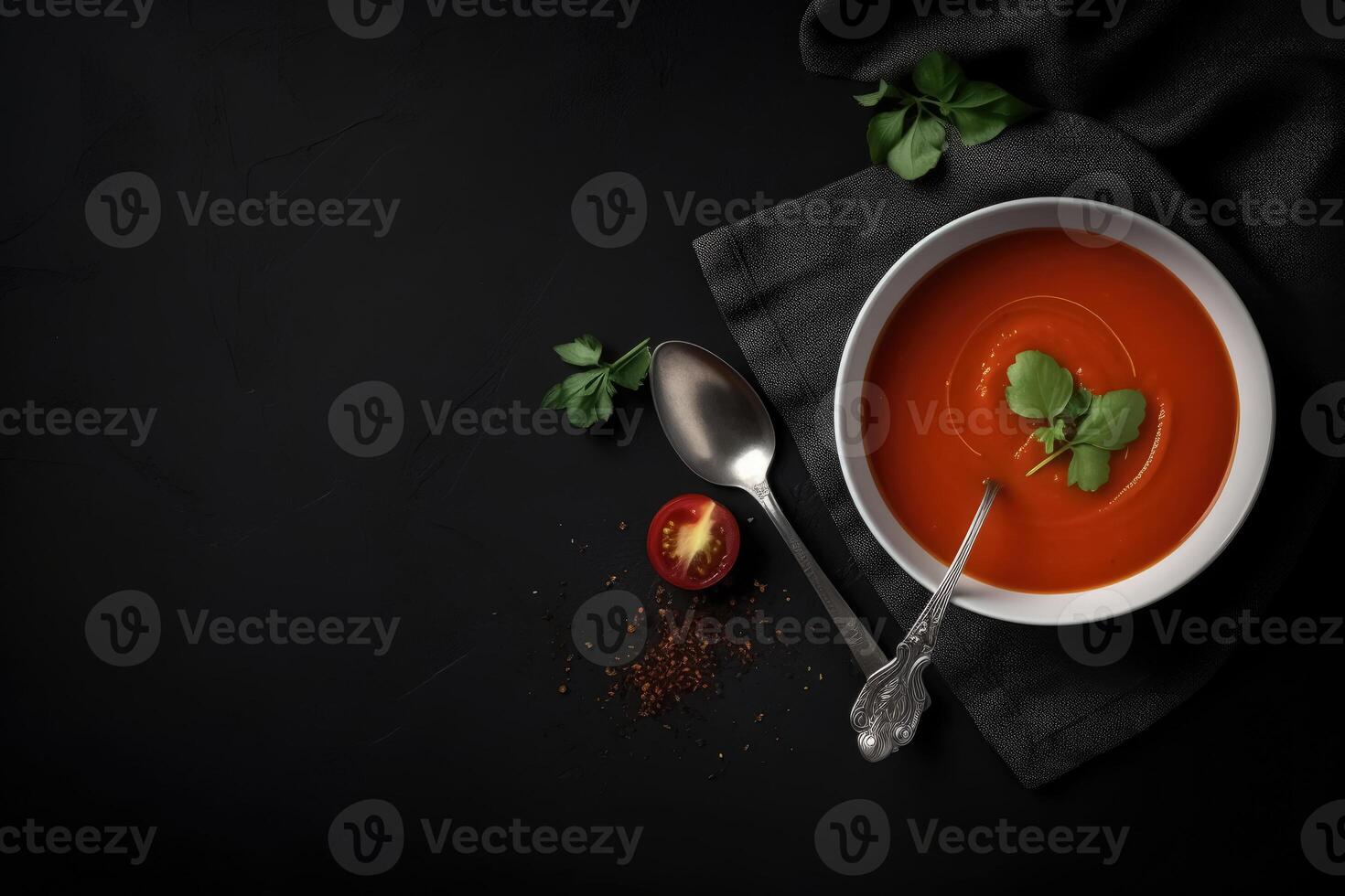 A top view on a delicious tomatoe soup with a spoon and some whip with copy space created with technology. photo
