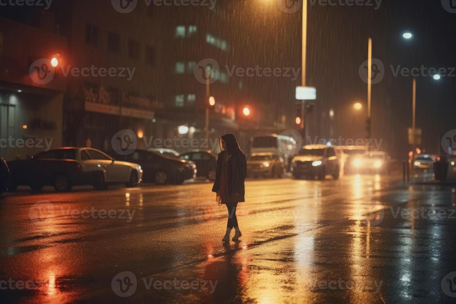 un solitario mujer carreras alrededor a noche en un moderno ciudad mientras eso es lloviendo creado con generativo ai tecnología. foto