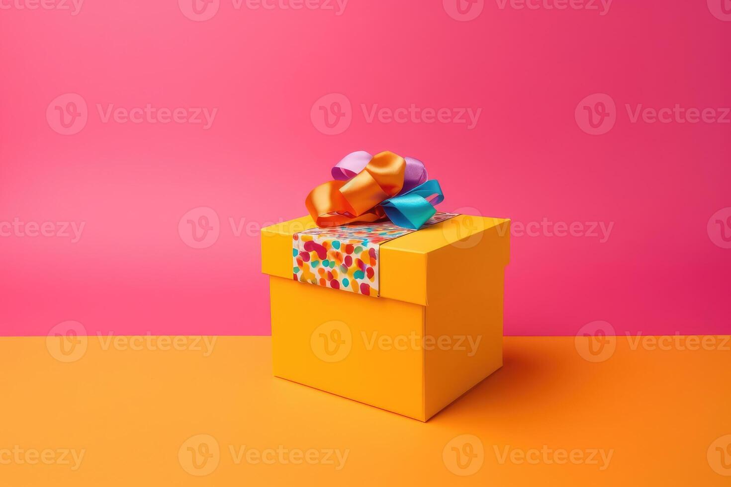 A beautiful birthday present box on a colorful background created with technology. photo