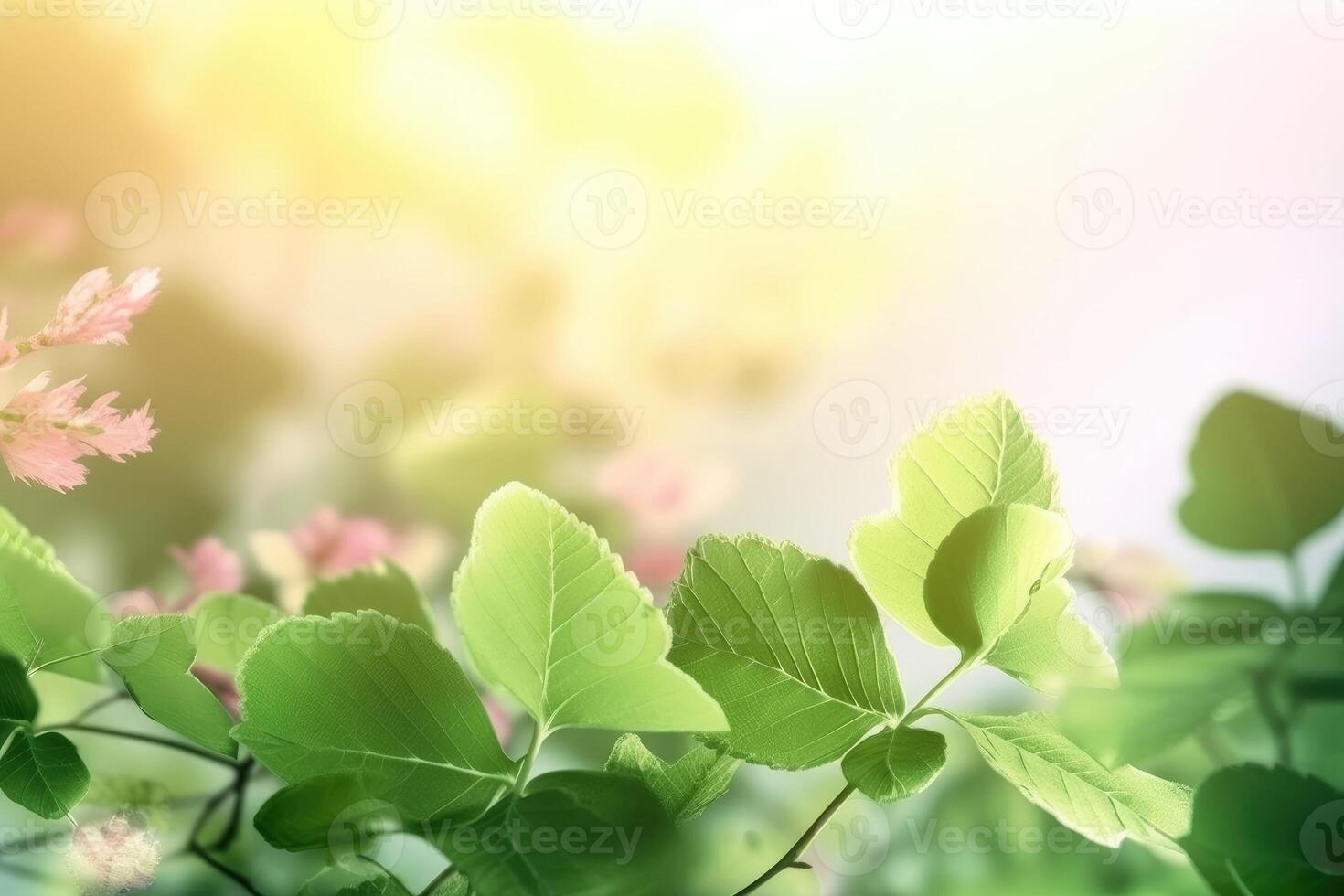 A beautiful spring background with leaves and little flowers on a light background created with technology. photo