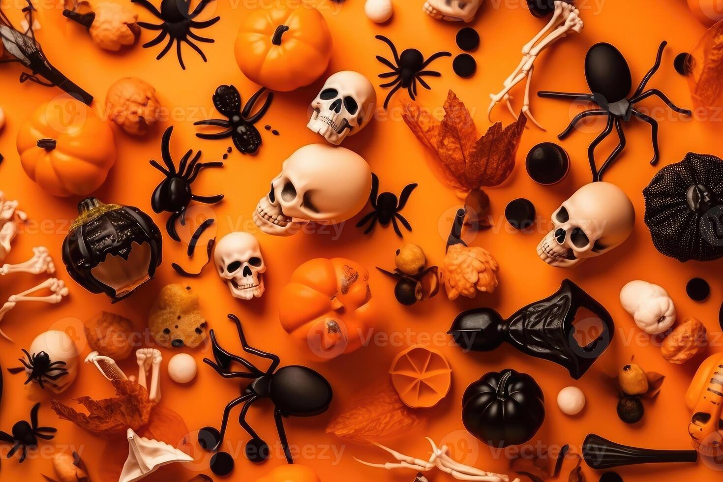 Top view on spooky halloween motifs with bones plastic spiders pumpkins and bats on an orange surface created with technology. photo