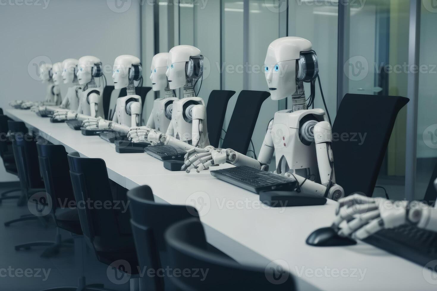 AI robots sitting at work in the open-plan office of a call centre created with technology. photo