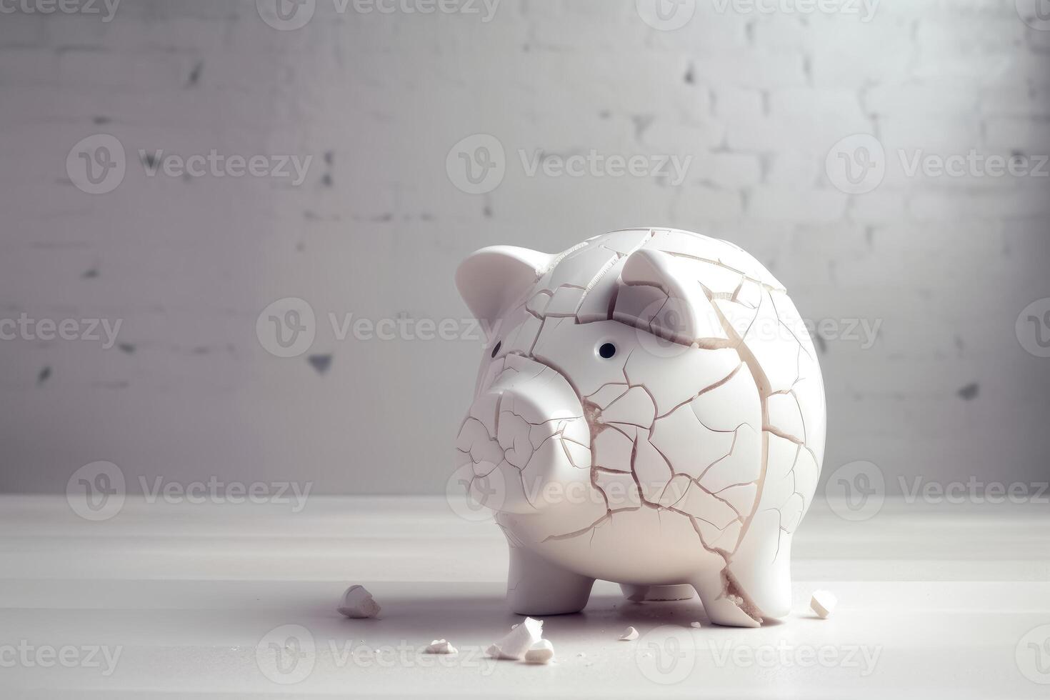 A sad piggy bank with cracks and a plaster indicates insolvency created with technology. photo