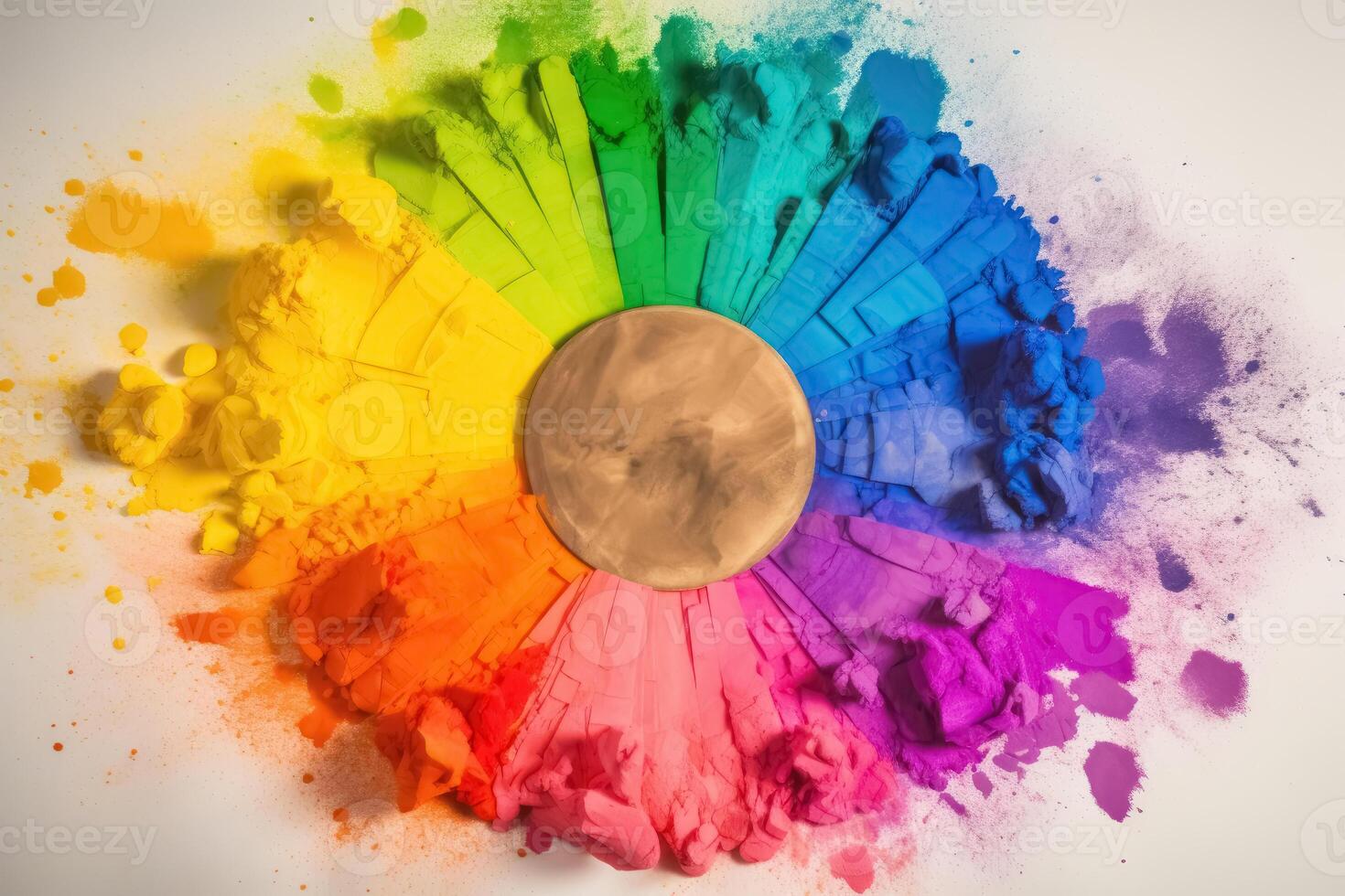 A color Wheel with goethe colors exploding in colorful powder on a light background created with technology. photo