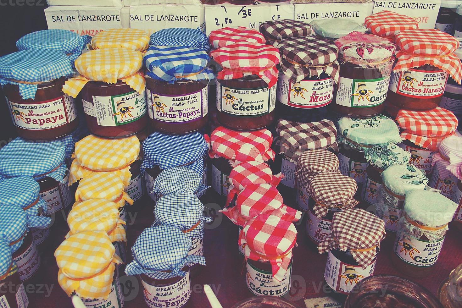 original homemade healthy regional preserves and food at the market on the Spanish Canary Island of Lanzarote photo