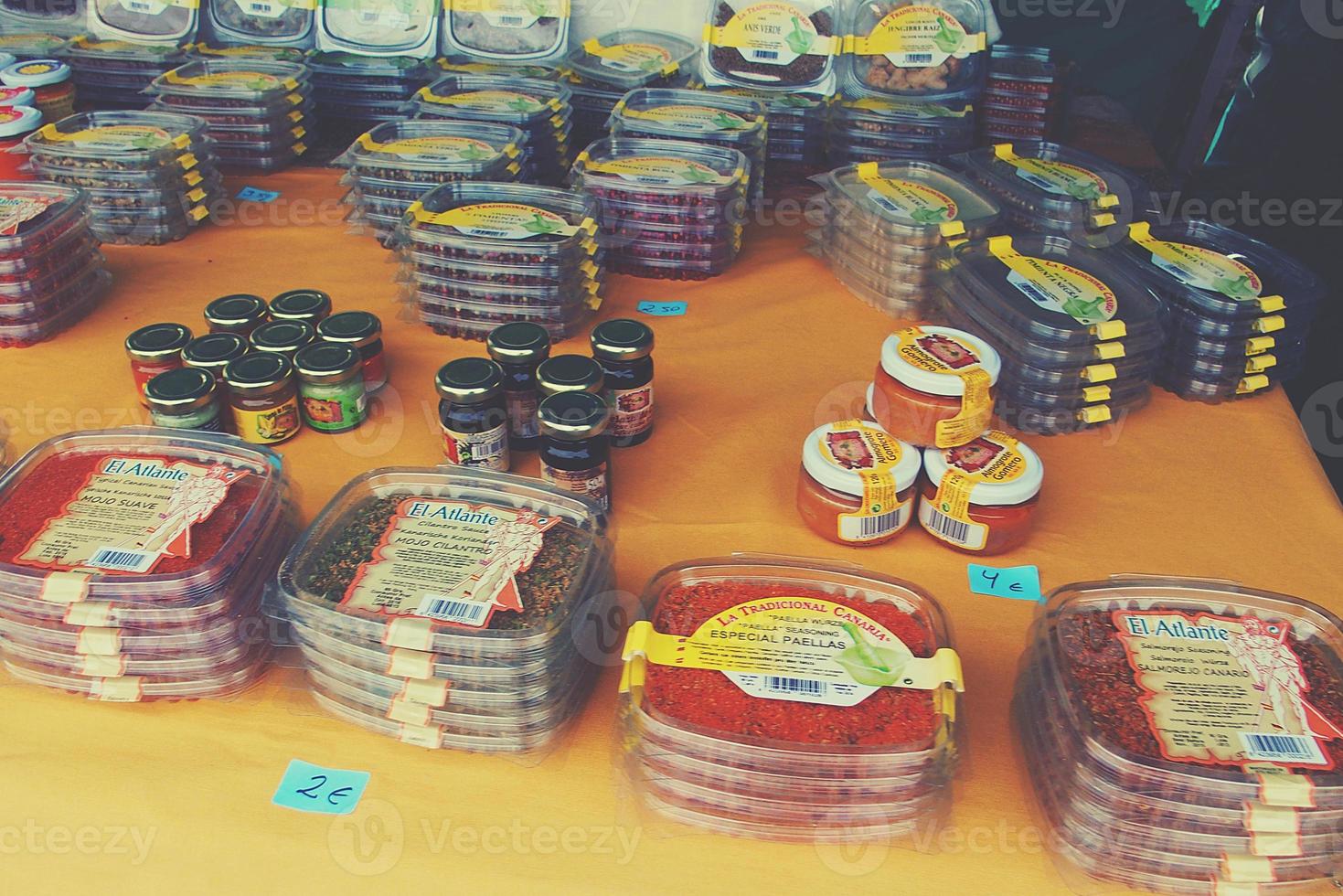 original homemade healthy regional preserves and food at the market on the Spanish Canary Island of Lanzarote photo