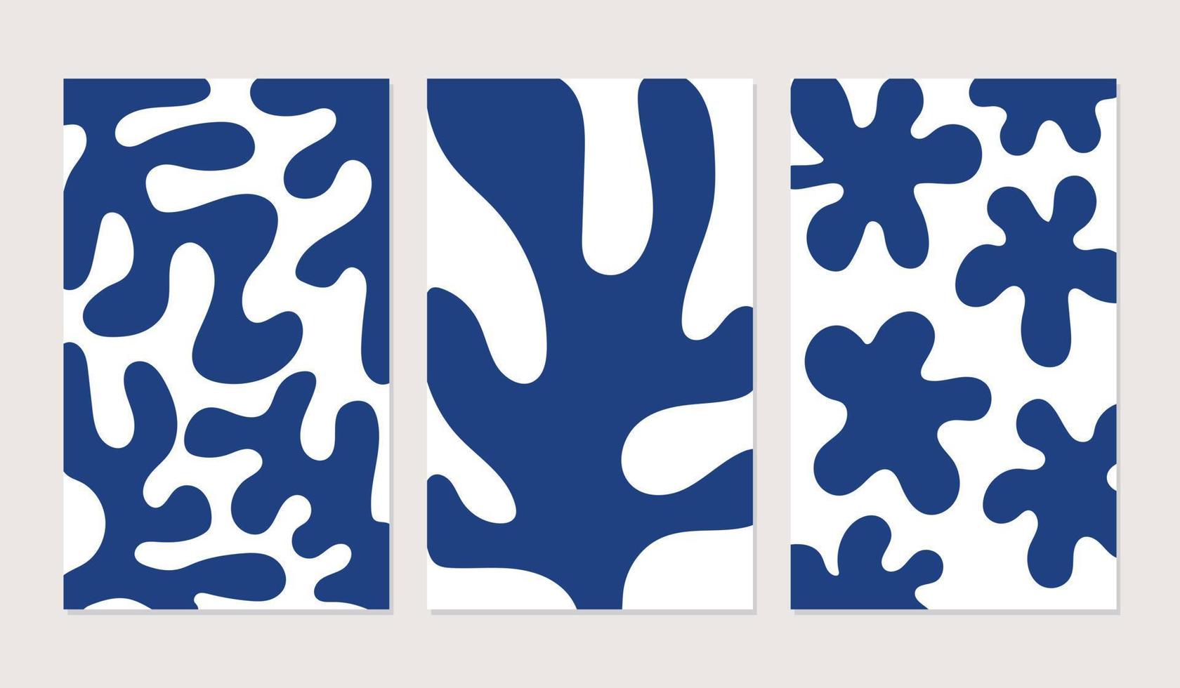 Fashionable, trendy set of floral patterns with abstract organic cutout inspired by Matisse. Set of Matisse inspired contemporary collage posters. Decorative botanical elements. Vector naive art print