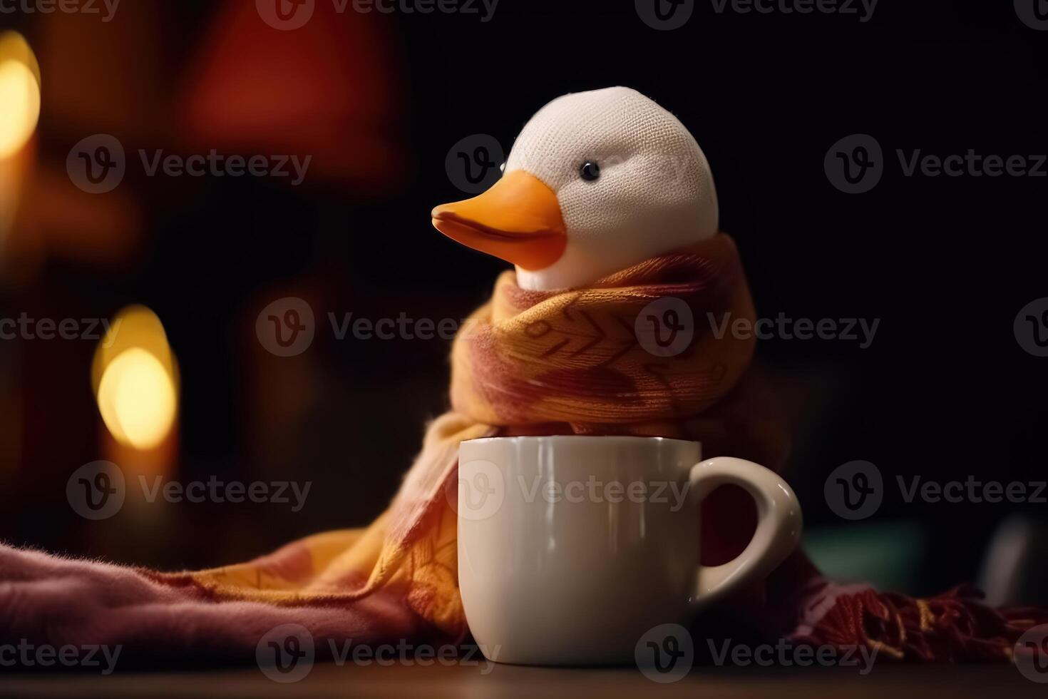 A white duck wearing a scarf and having a coffee created with technology. photo