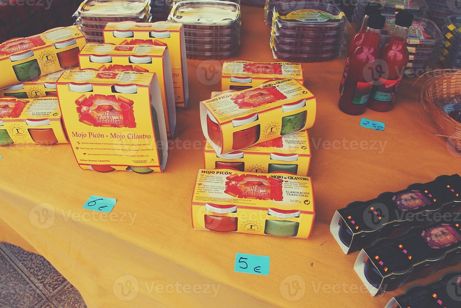 original homemade healthy regional preserves and food at the market on the Spanish Canary Island of Lanzarote photo