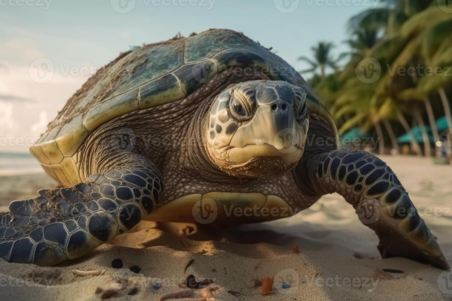 A large turtle drags itself onto a beach created with technology. photo