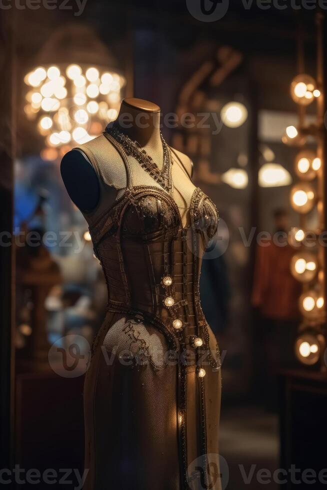 An innovative and elegant dress in a steampunk look on a Mannequin with soft bokeh lights created with technology. photo
