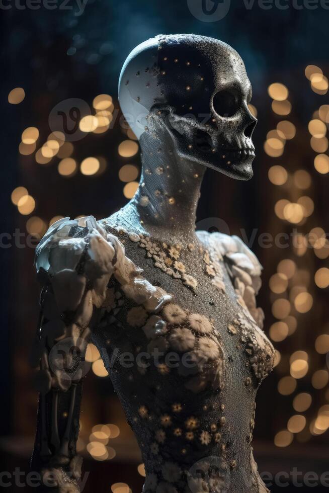 An innovative and elegant dress made of bones and skulls on a Mannequin with soft bokeh lights created with technology. photo