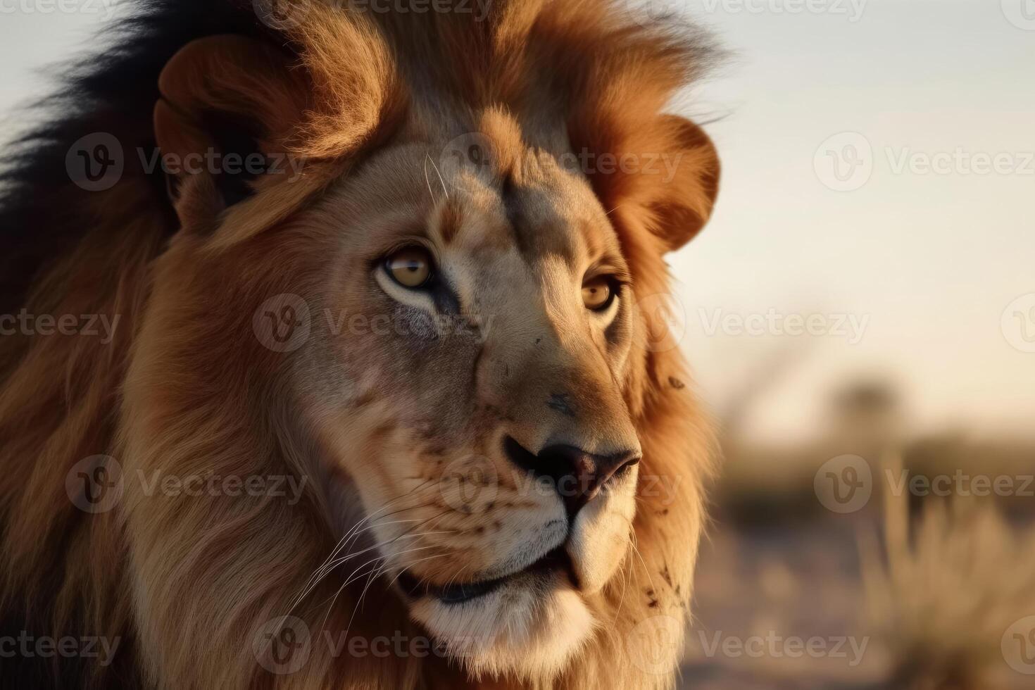 Portrait of a strong male lion with the African savanna in the background created with technology. photo