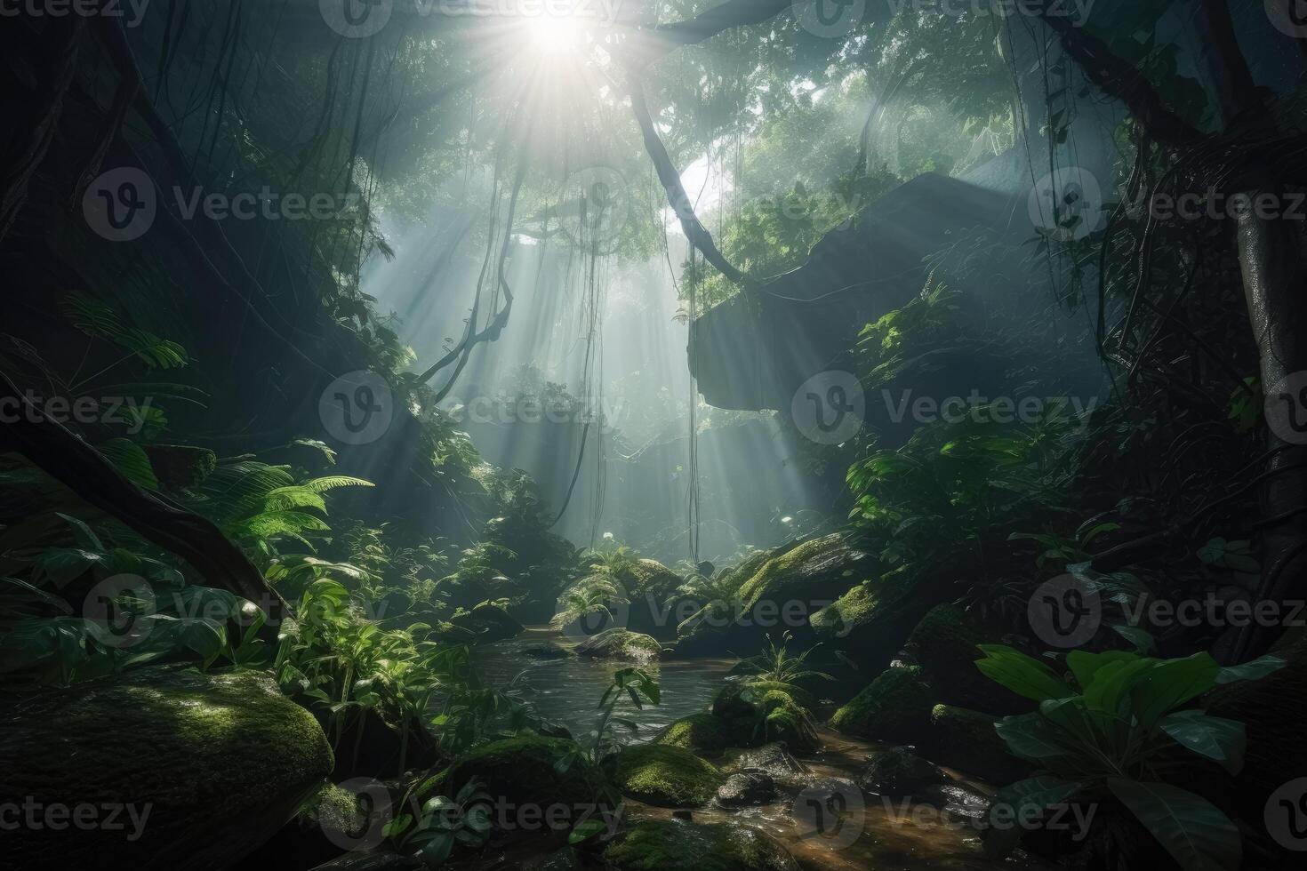 Jungle with light rays coming from above created with technology. photo
