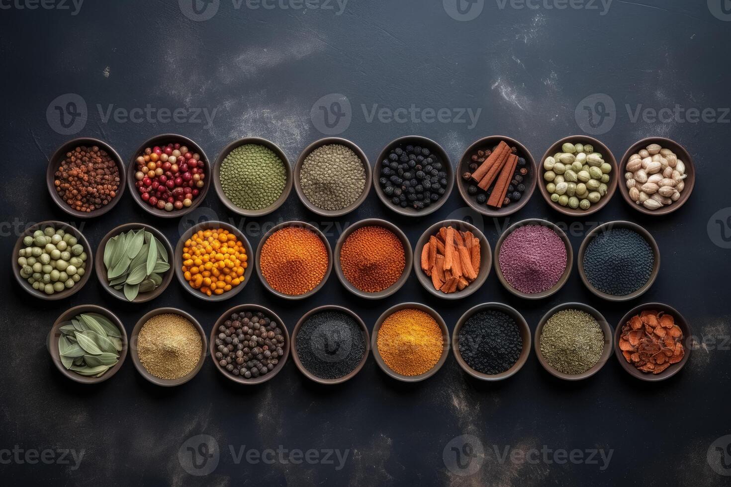 View from above of numerous spices in small bowls on a dark slate plate with copy space created with technology. photo