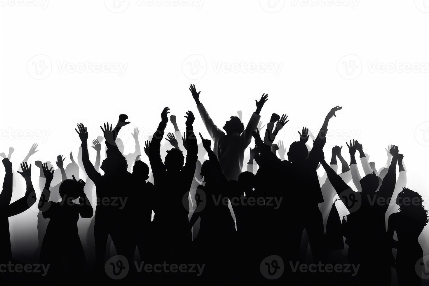 Black silhouette of a huge crowd of cheering people isolated on a white background created with technology. photo