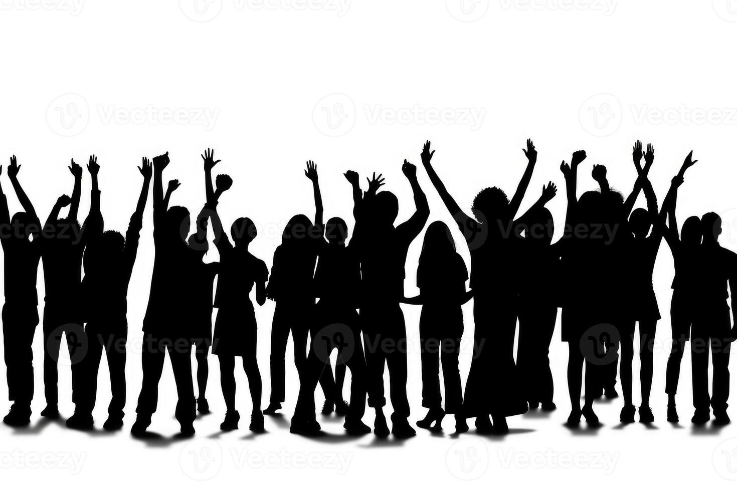 Black silhouette of a huge crowd of cheering people isolated on a white background created with technology. photo