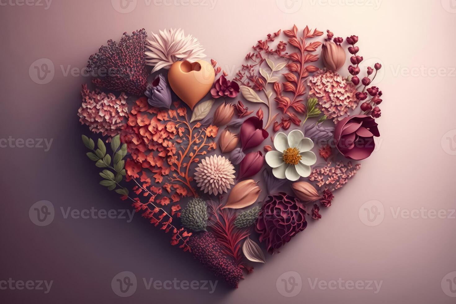 A Valentines Day Heart made of Flowers on a light background created with technology. photo