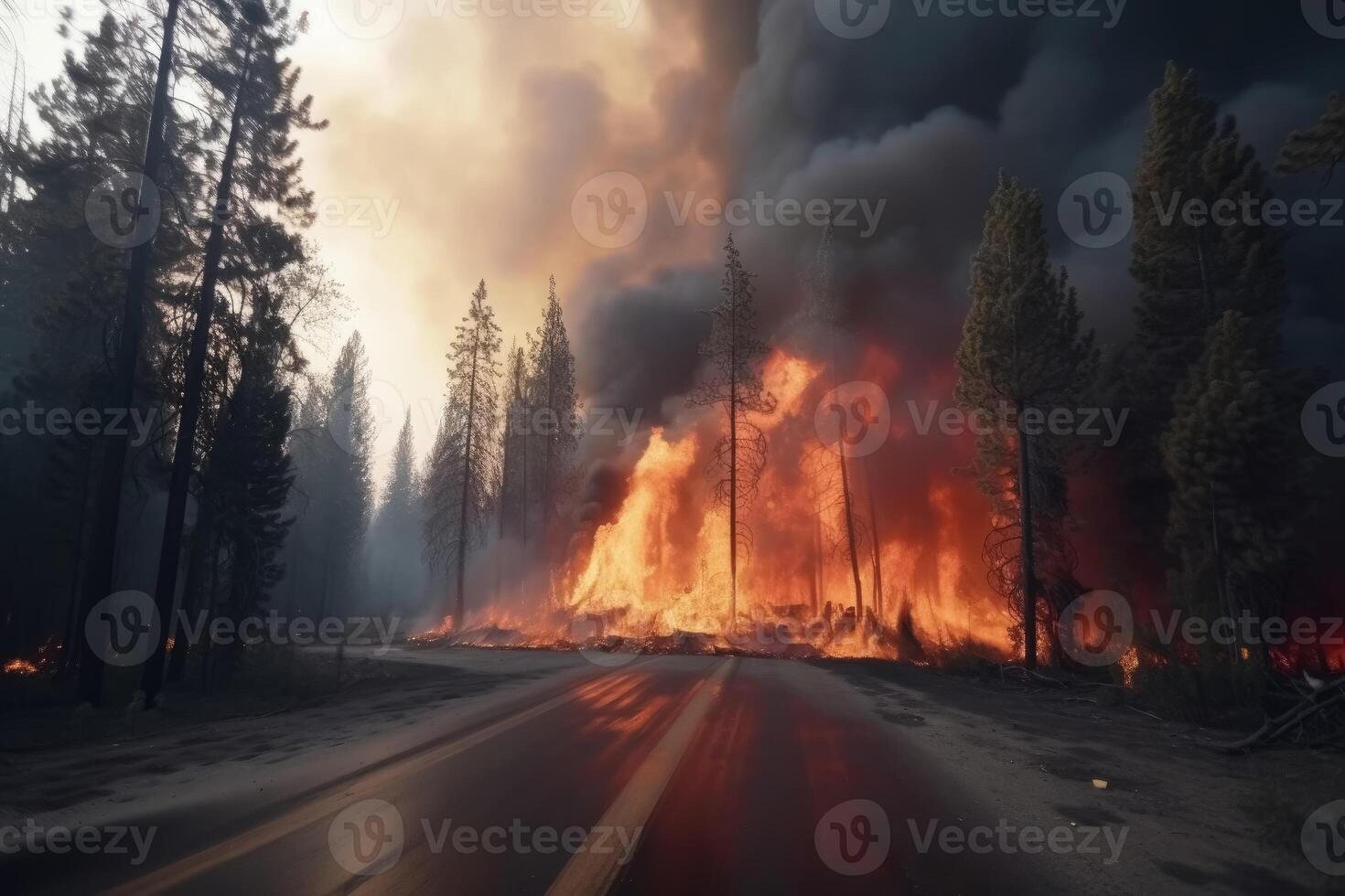 A devastating forest fire as seen from the road created with technology. photo