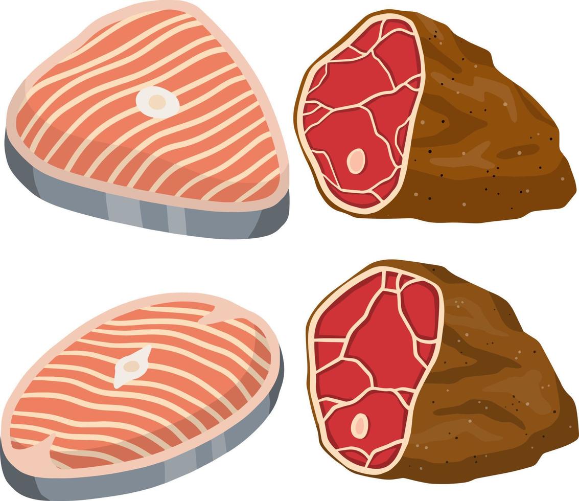 Piece of red salmon fish meat with pink stripe. Food for Cooking sushi. Set of Raw Seafood. Cut off part. Slices with grey skin. Kitchen and meal element. Cartoon illustration. Steak and barbecue vector