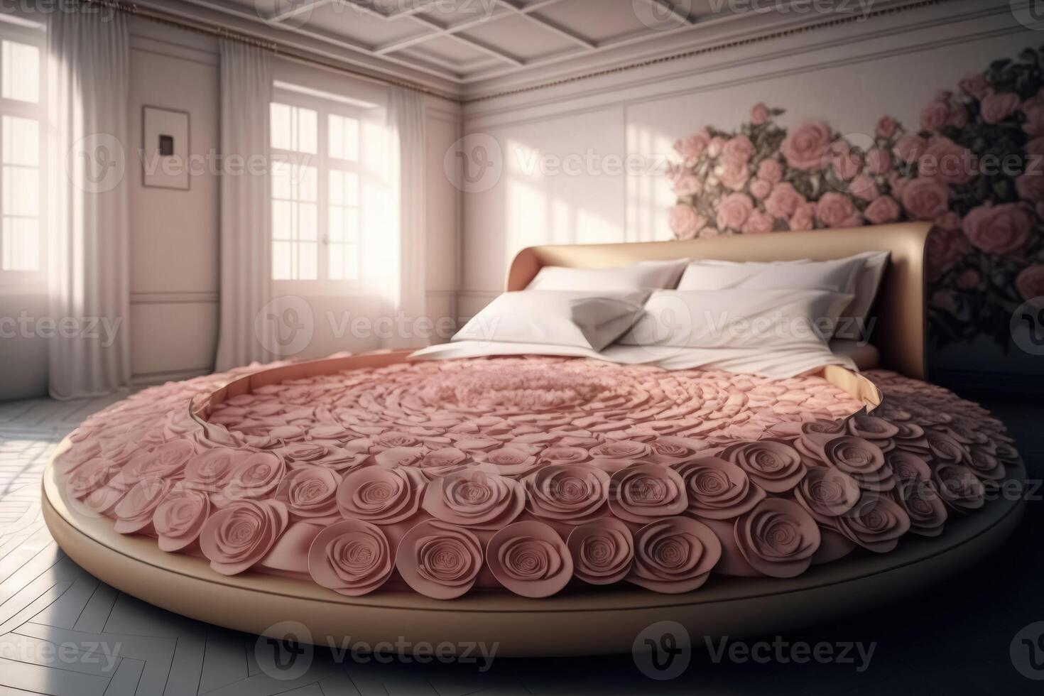 A king size bed made completely of roses created with technology. photo
