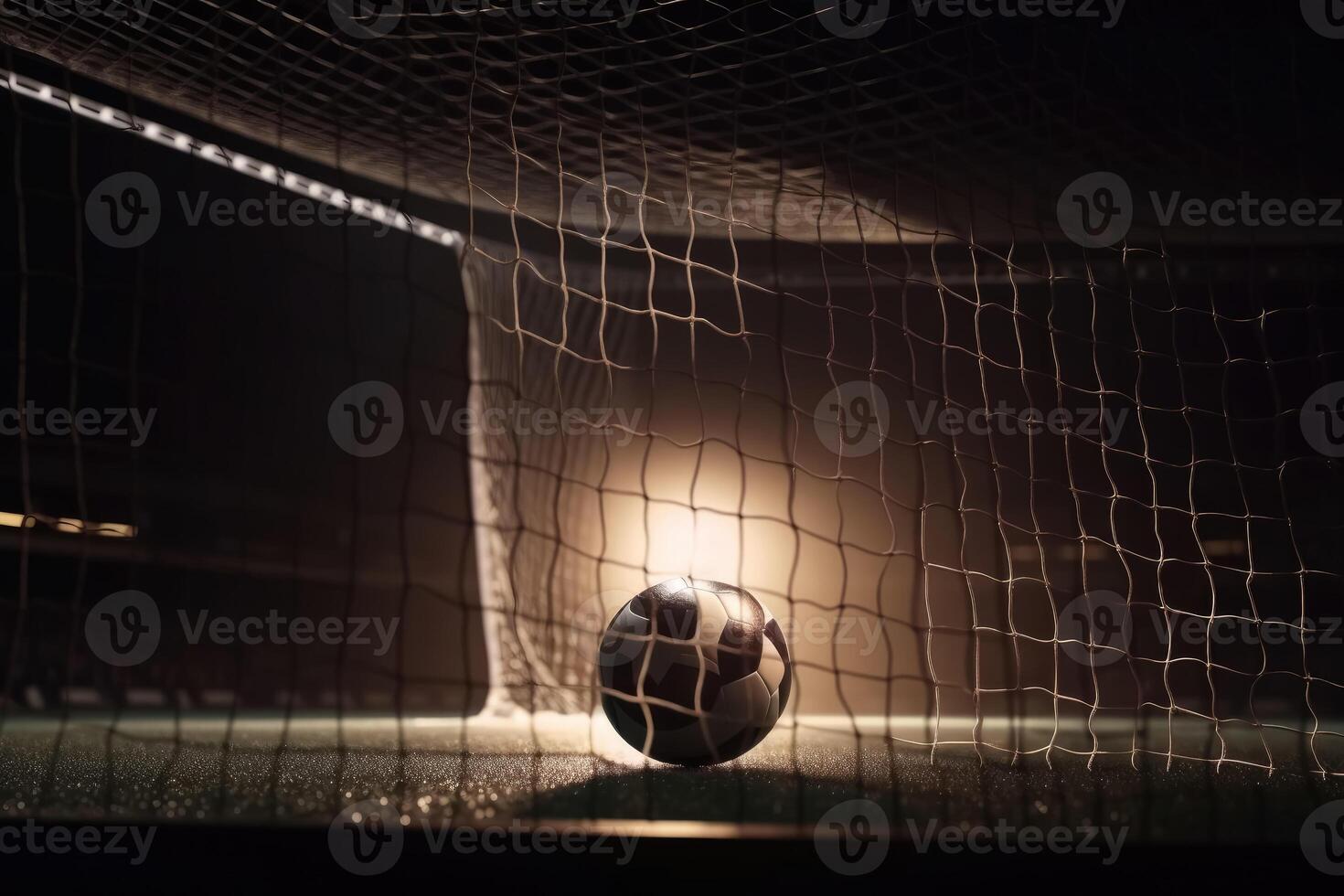 A football goal without a goalkeeper - a ball flying into the net - dark light from spotlights created with technology. photo