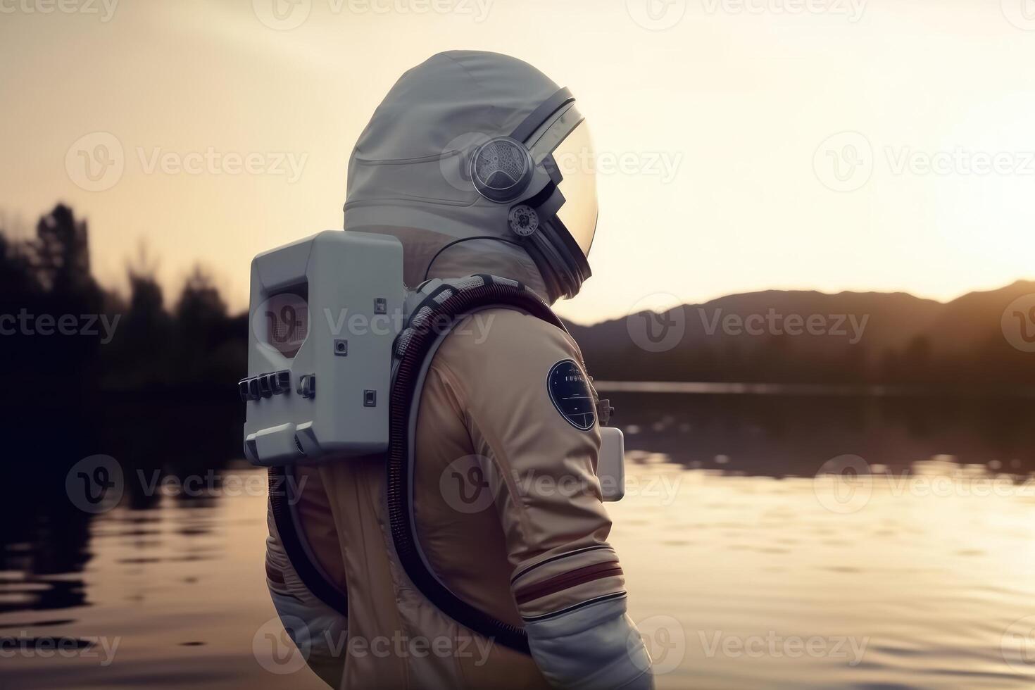 A female astronaut stands by a lake and looks at the stars created with technology. photo
