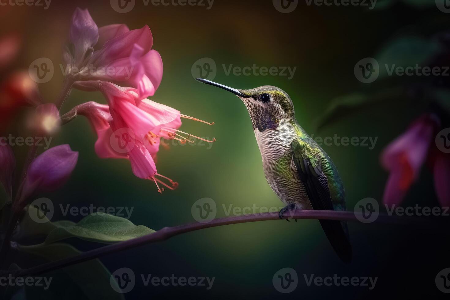 Portrait of a Green Hummingbird on a Flower created with technology. photo