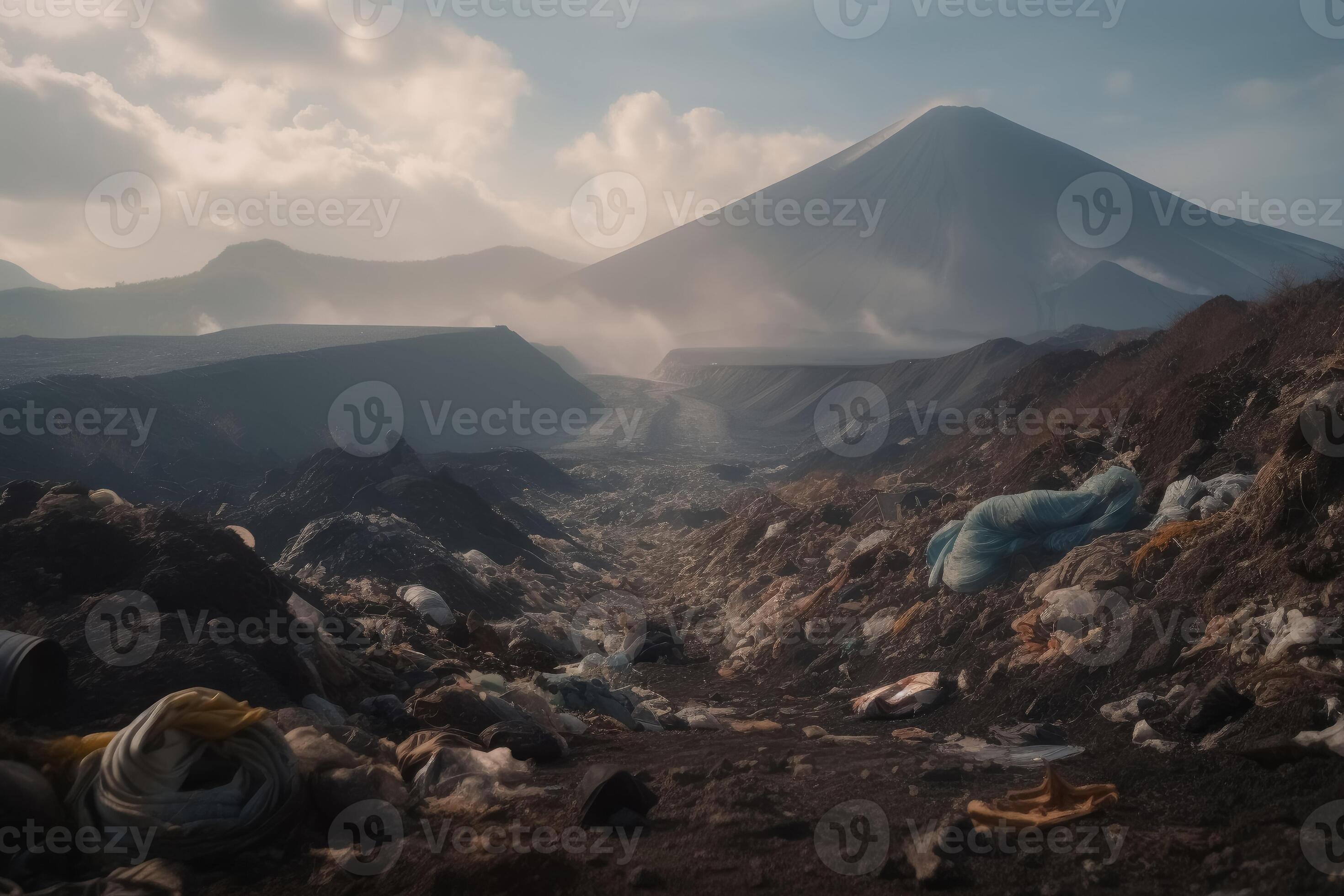 A large volcano and a huge amount of plastic waste on the landscape