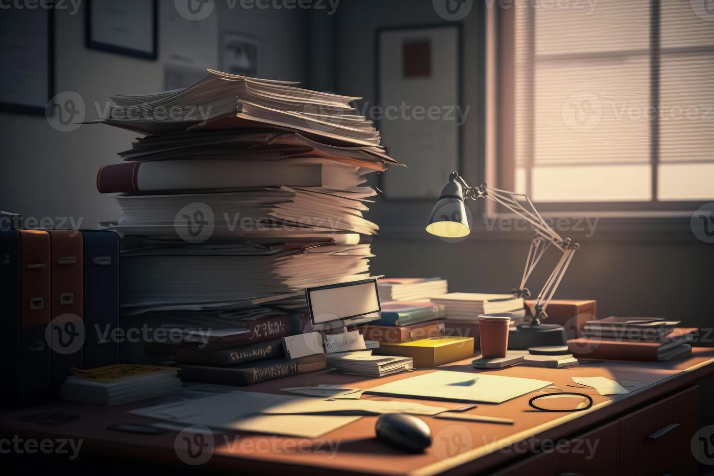 A desk with huge piles of files on it created with technology. photo