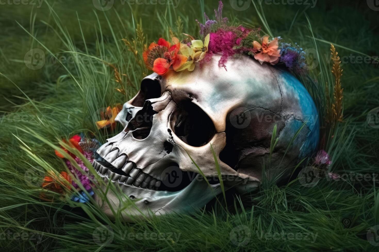 Colorful flowers growing out of a skull some grass on the ground created with technology. photo