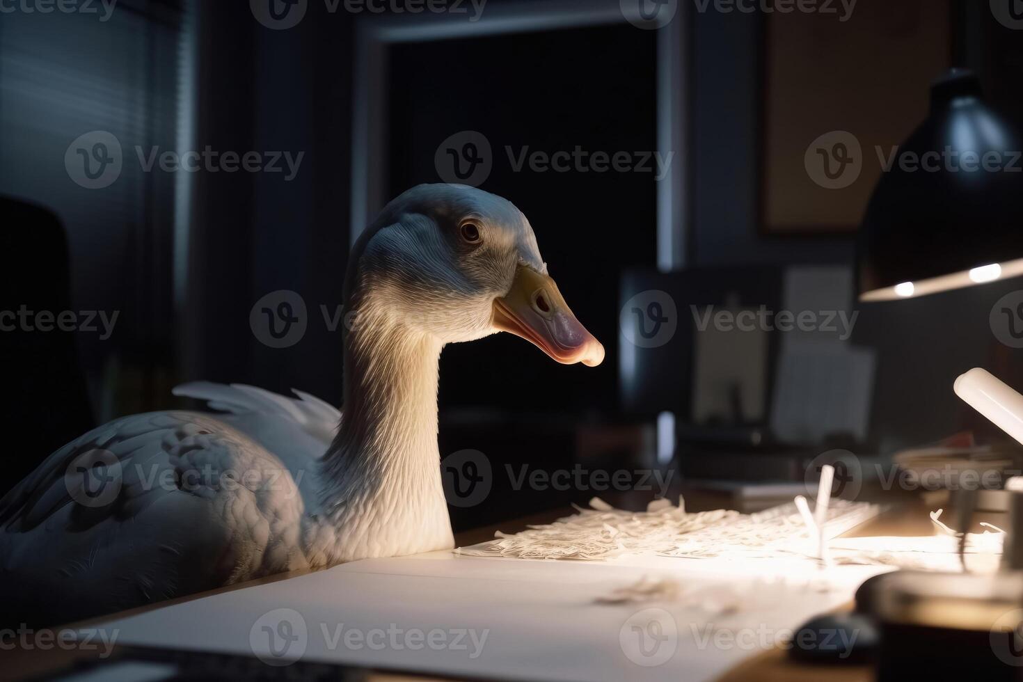 A goose with white feathers works hard at a desk in the office created with technology. photo