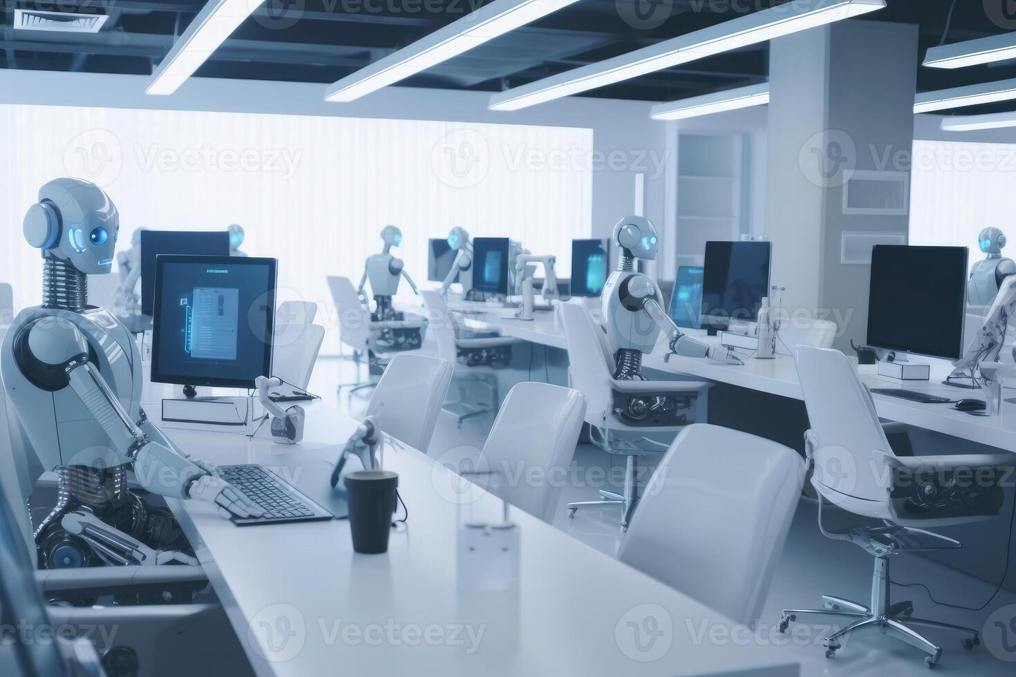 AI robots sitting at work in the open-plan office of a call centre created with technology. photo