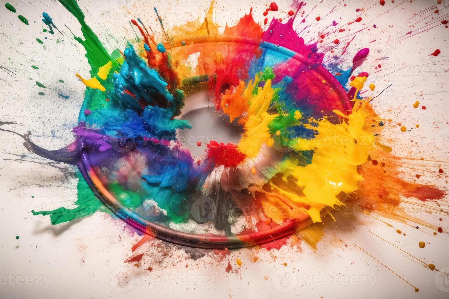 A color Wheel with goethe colors exploding in colorful powder on a light background created with technology. photo