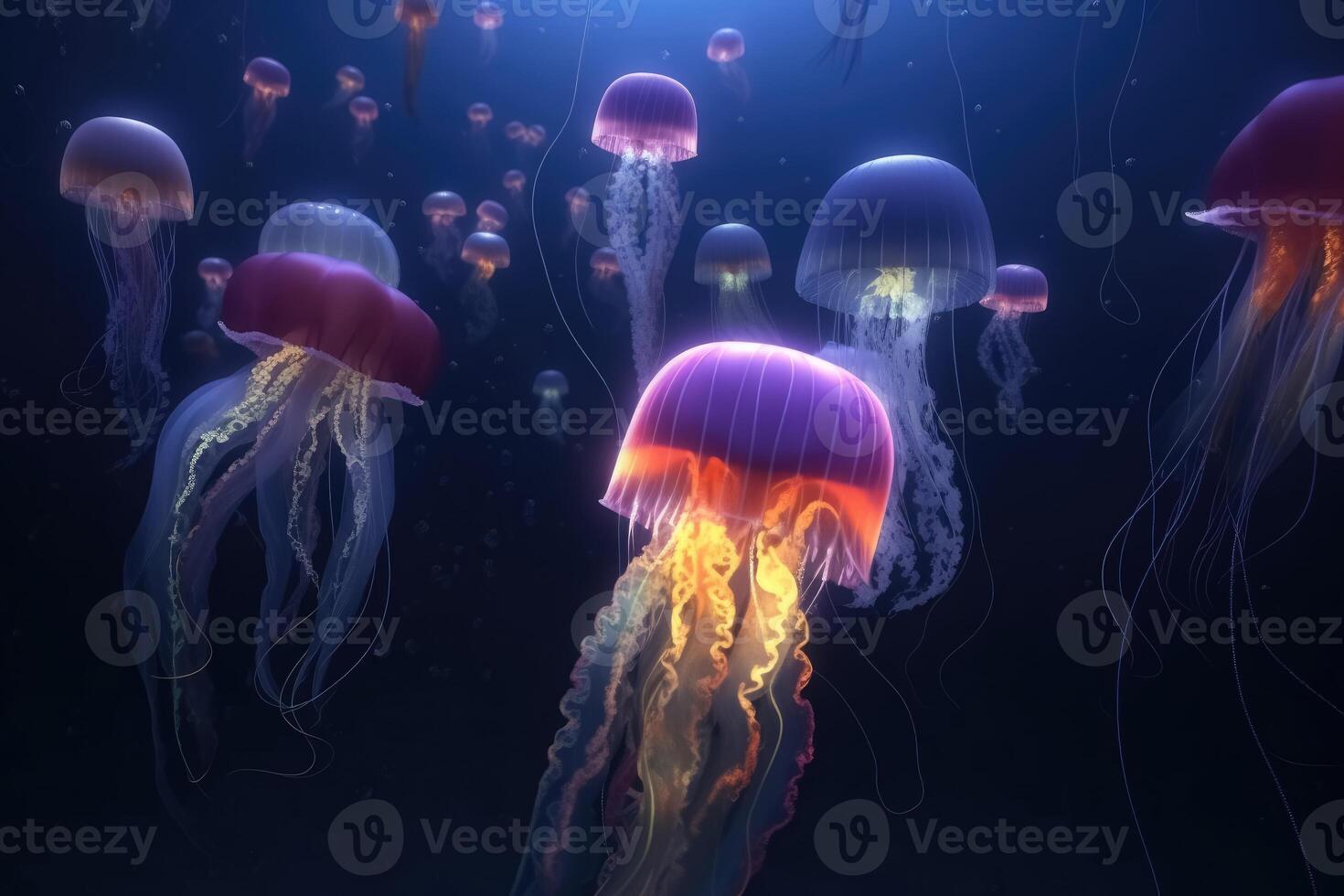 Multiple brightly coloured jellyfish in the depths of the ocean with lightbeams from above created with technology. photo