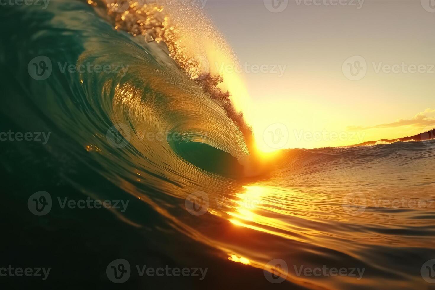 A big wave looking into the wave tunnel during sunset created with technology. photo