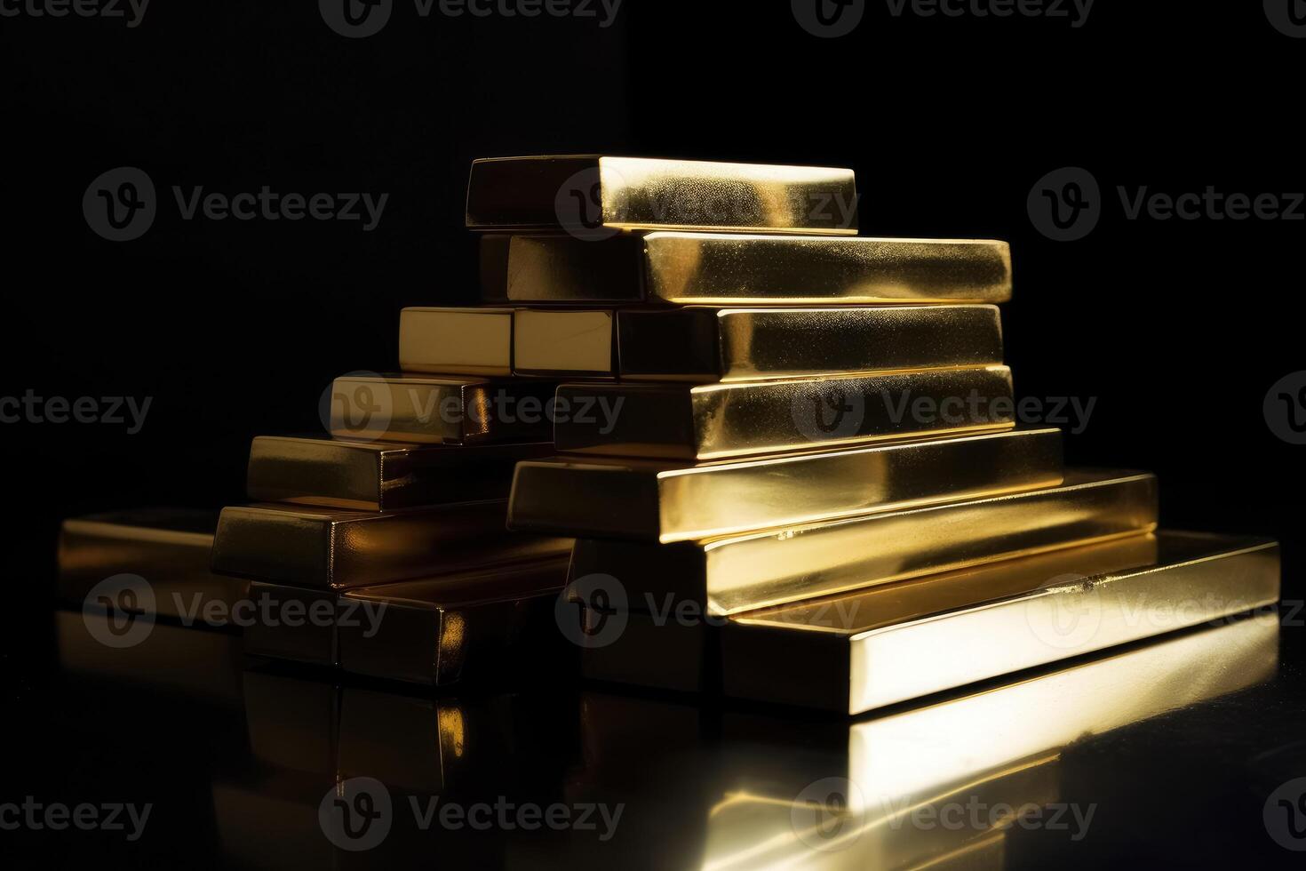 A stack of gold bars on a dark tabletop created with technology. photo