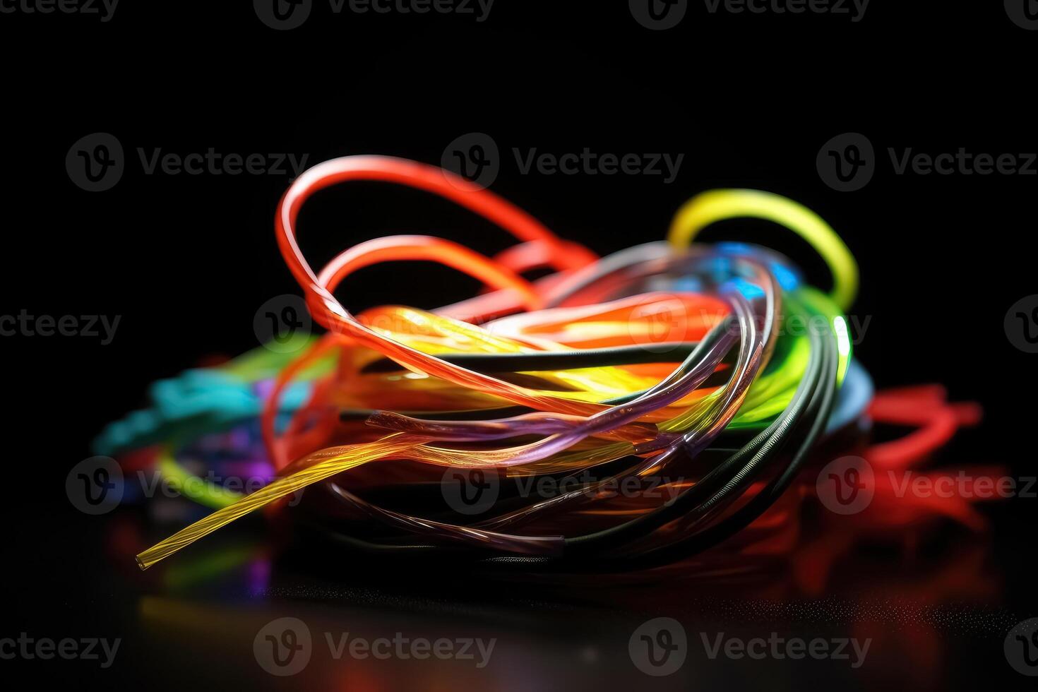 A bundle of brightly coloured fibre optic cables created with technology. photo