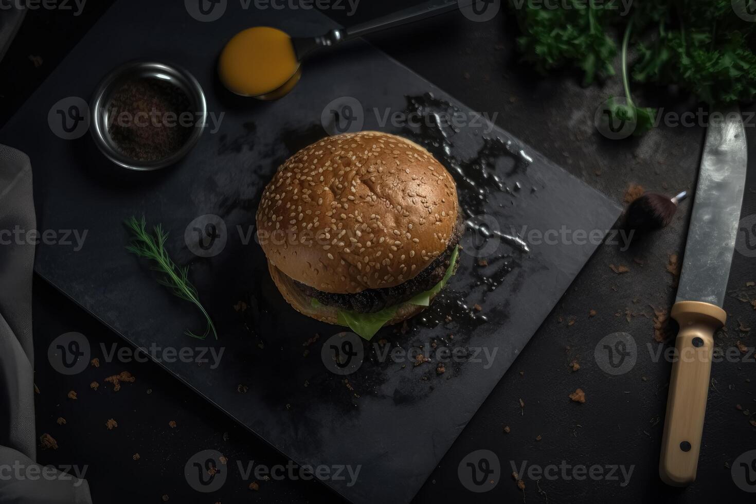 Top view of a black slate preparing a delicious burger created with technology. photo